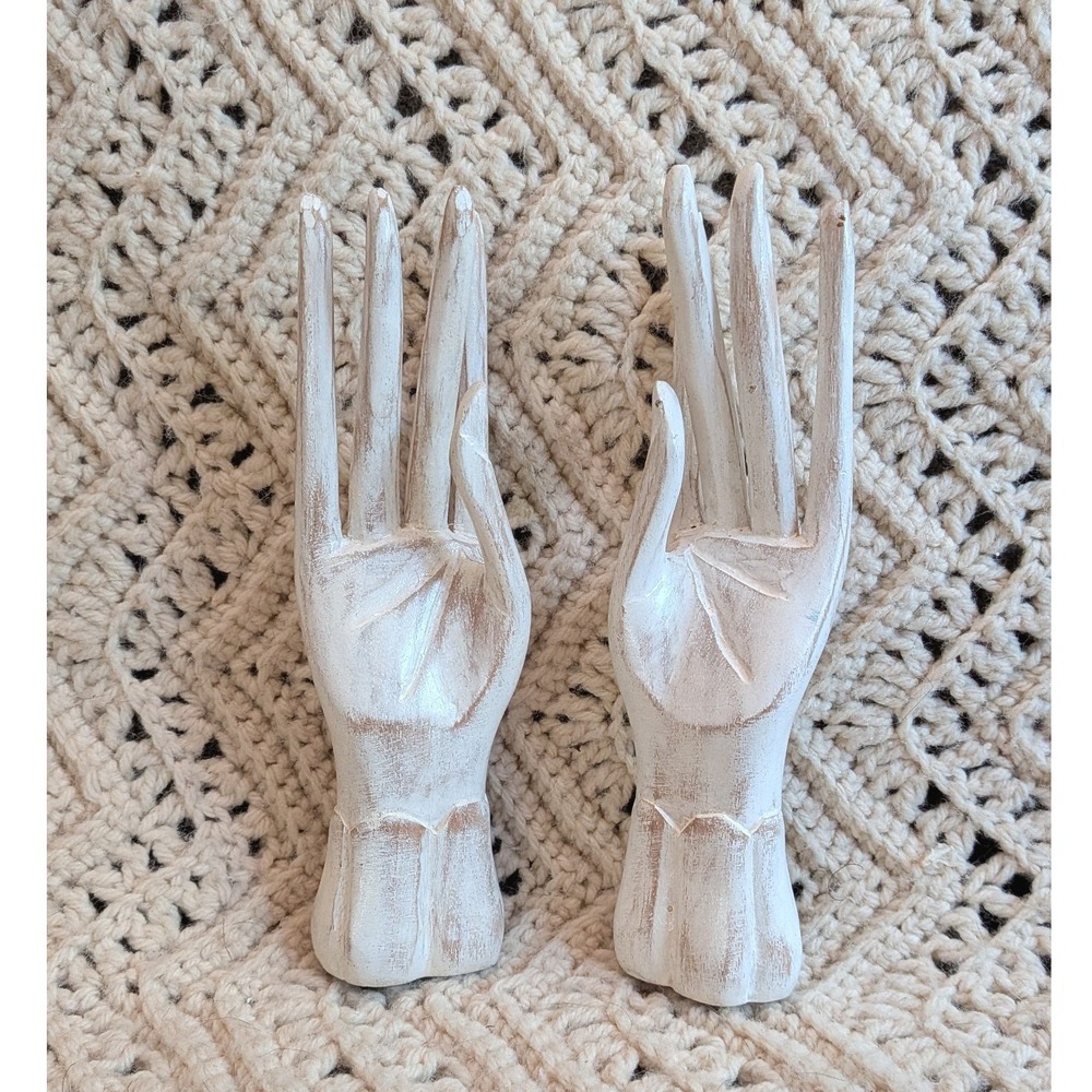Novica Indonesia Carved Wood Hand Statues White Distressed Jewelry Display Set 2